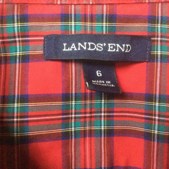 Lands' End Tartan Red Plaid Long Sleeve No Iron Supima Popover Blouse Size 6 - Picture 3 of 7